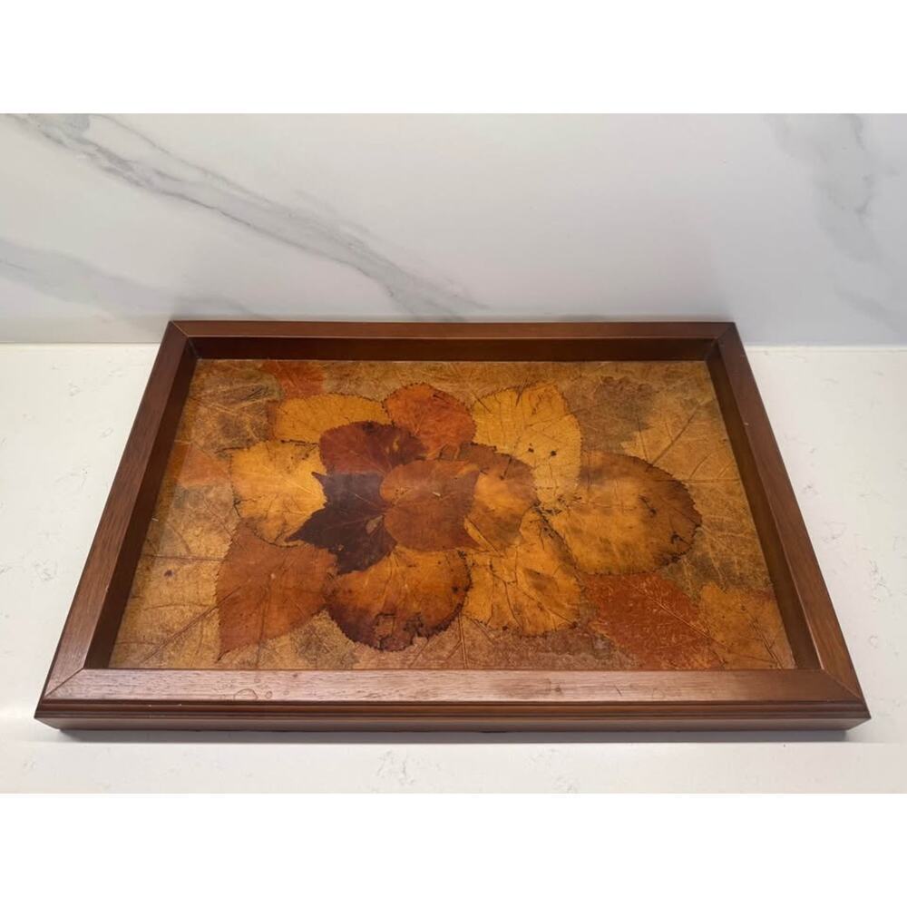 Mid Century Modern 70s Resin Pressed Leaves and Wood Tray